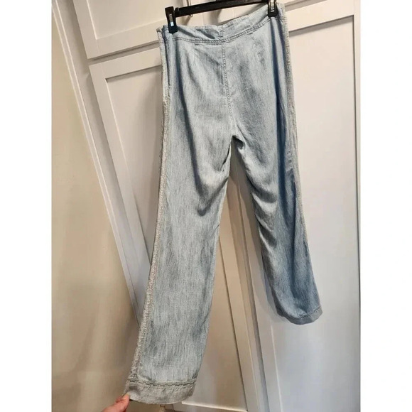 Trina Turk Duran Chambray Denim Button Sailor Wide Leg Pants with Tuxedo Stripe - Picture 2 of 9